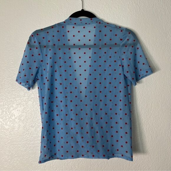 ZARA TRAFALUC baby blue red polka dot semi sheer mesh retro top S B18 - Picture 8 of 9